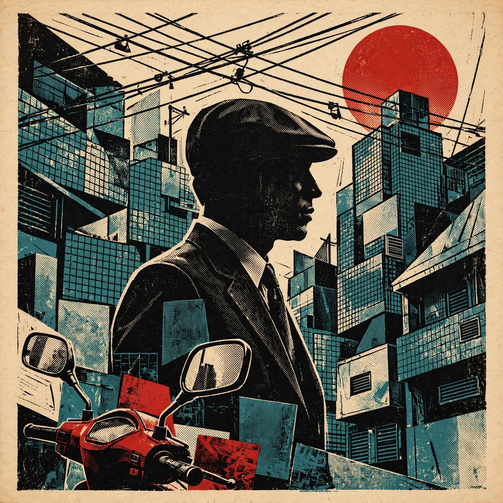 Bart Viets cover: a profile, city wires and red sun in a teal and black screenprint